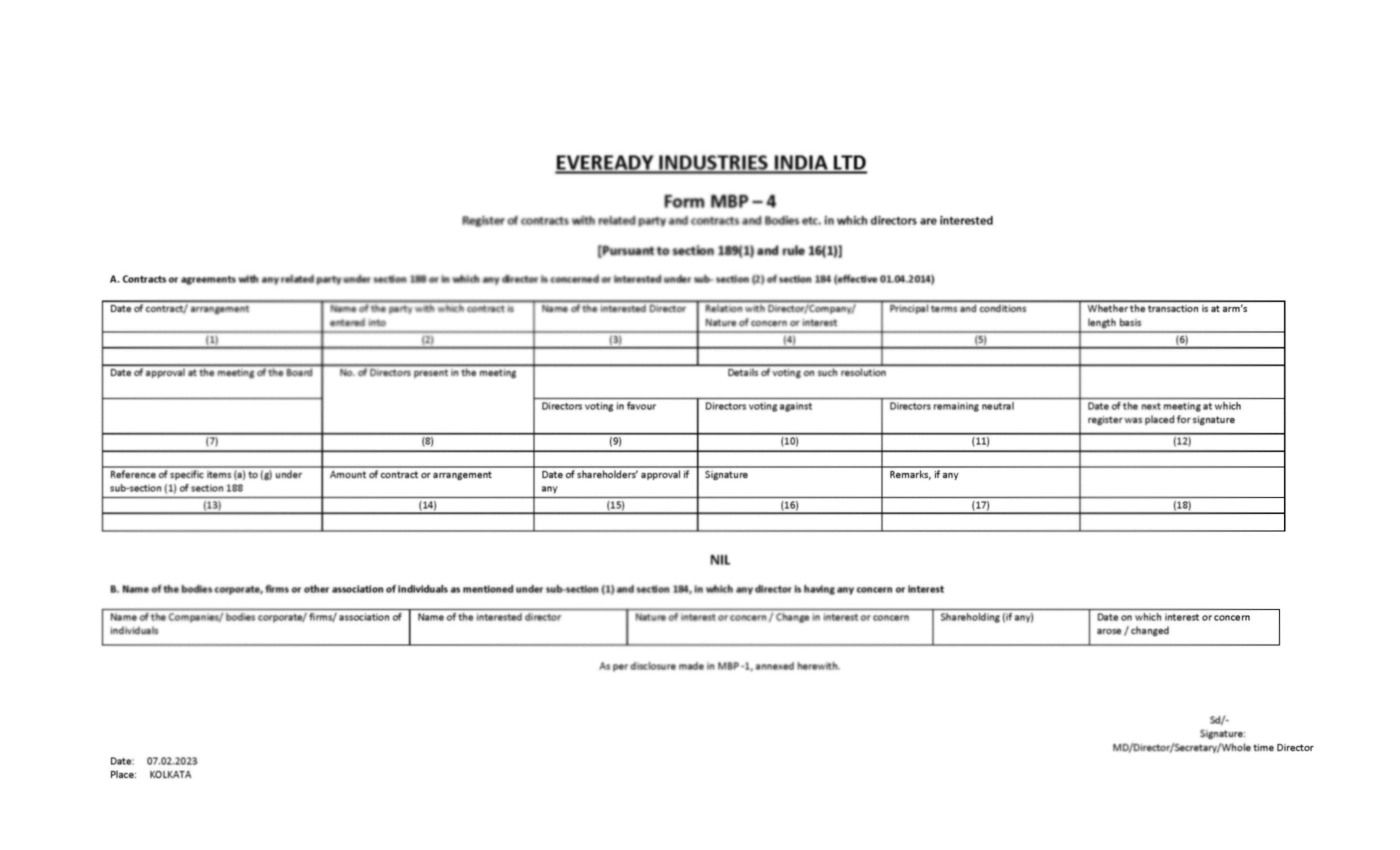 Eveready Investors AGM 2023 Register Of Contracts