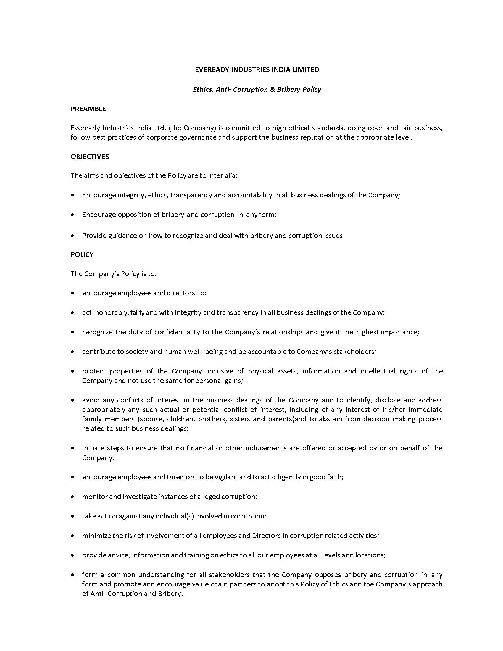 Eveready India Ethics Anti corruption And Bribery Policies